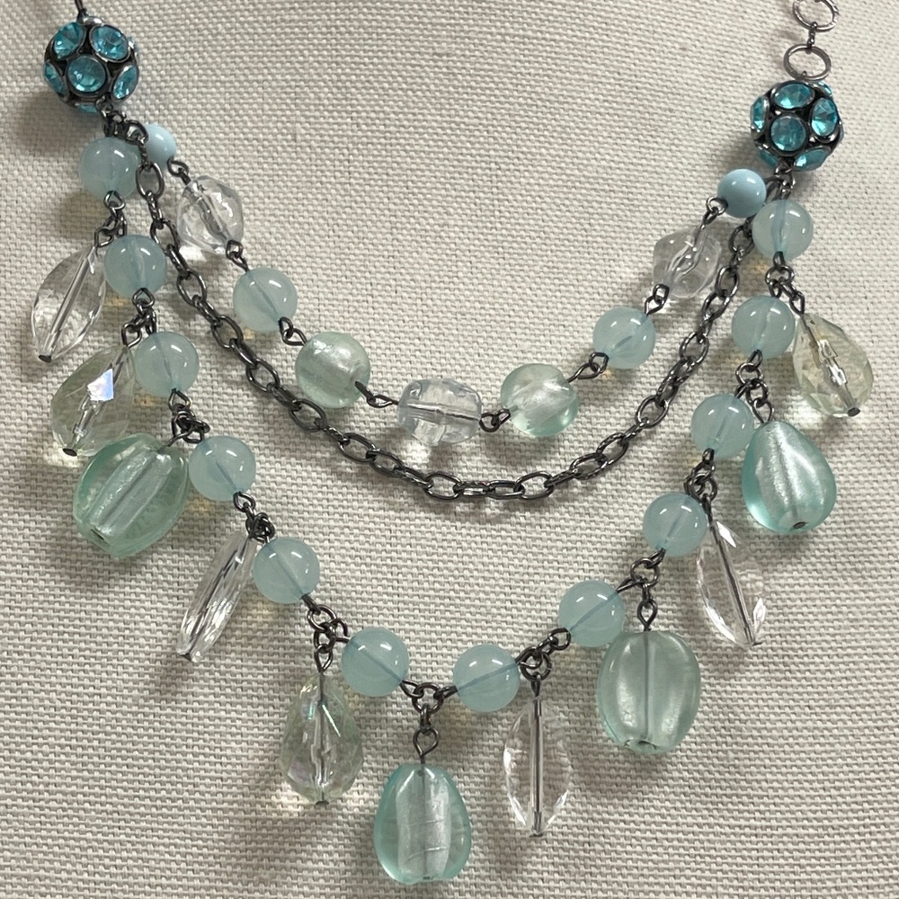 Vintage Necklace Pastel Blue Teardrop Faceted Beads Triple Strand Silver Tone